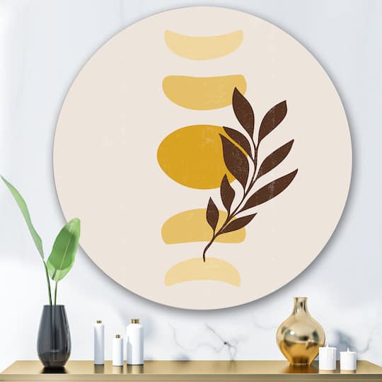 Designart - Abstract Geometrical Sun and Moon With Leaf VII - Modern Metal Circle Wall Art